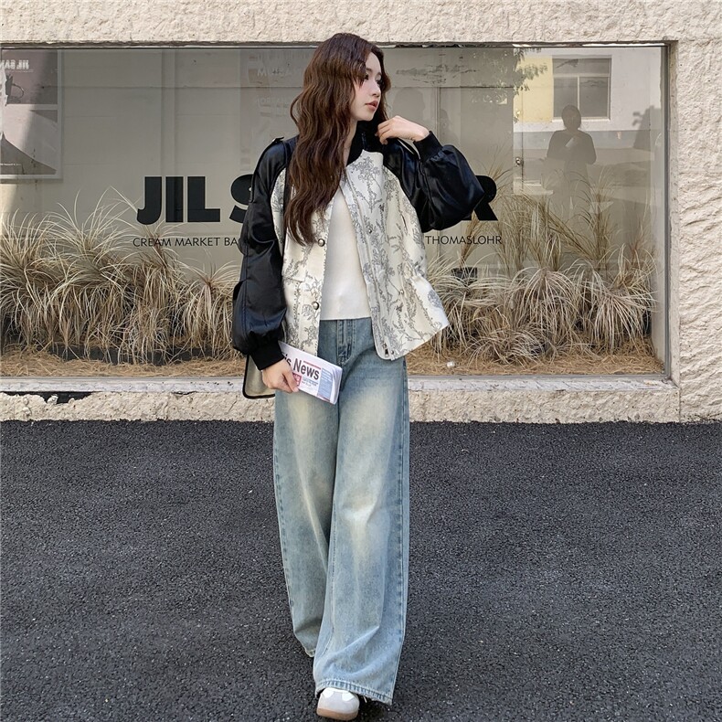 拉链中式纽扣棒球服常规女秋季短款时尚外套小众韩版春秋牛仔时尚,女装皮衣,2C057