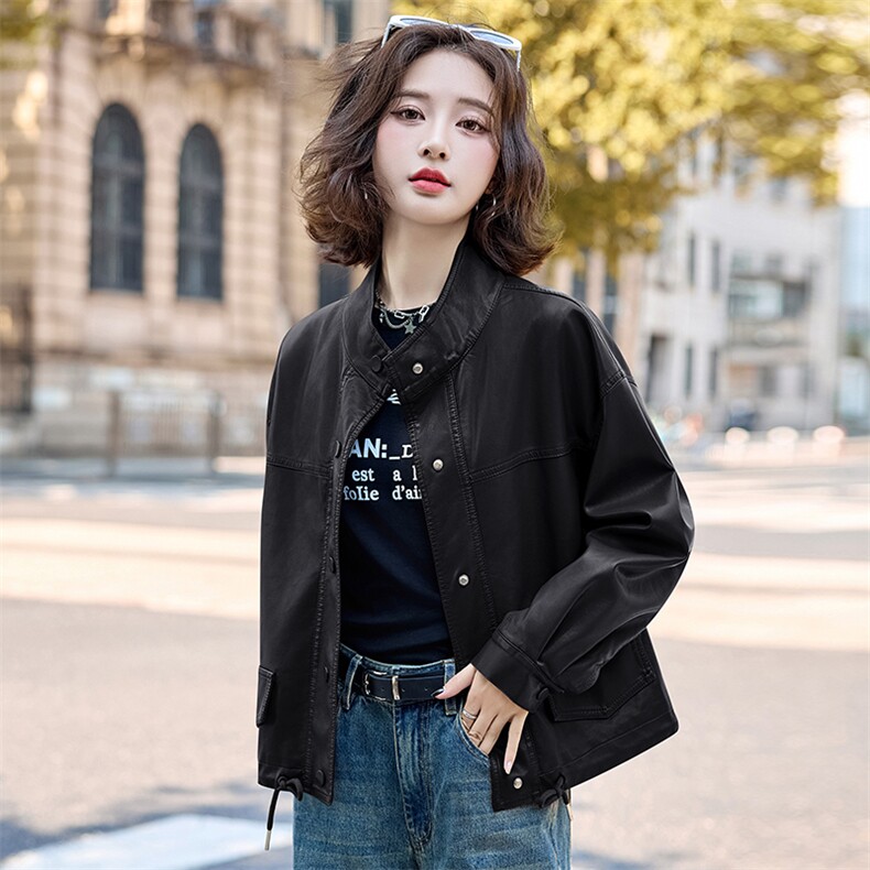 皮衣女短款2025春秋新款时尚休闲百搭真皮皮衣外套立领夹克上衣女,女装皮衣,臻衣坊