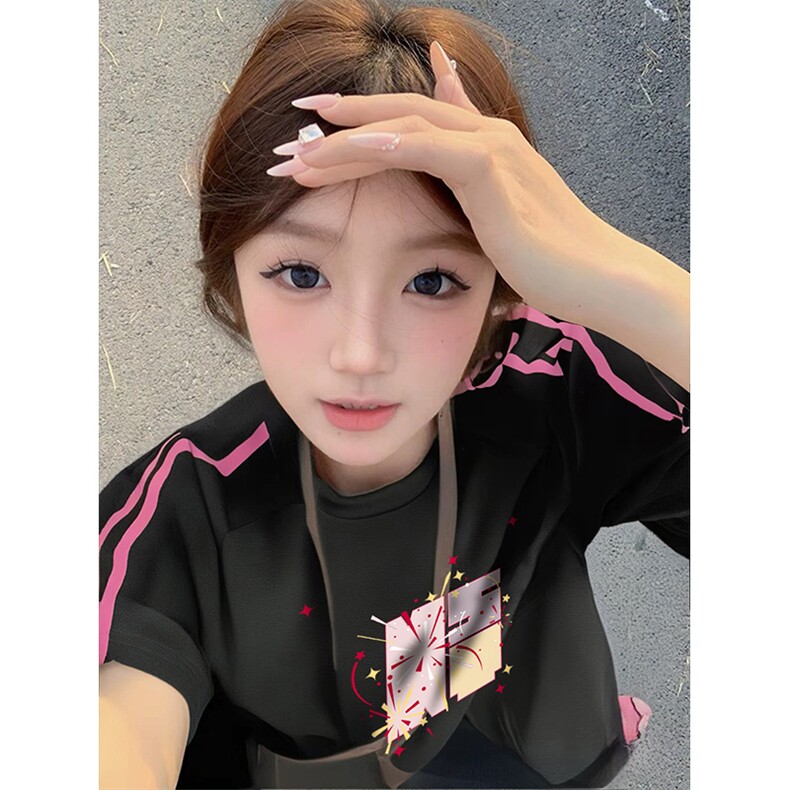 抖音得物品质二开240克宽松纯棉美式潮牌印花三条杠中性风短袖T恤,男装T恤,电商A486