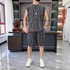 高端镂空背心男夏季薄款潮牌痞帅坎肩t恤美式休闲短裤运动两件套，男装牛仔裤，星座506A