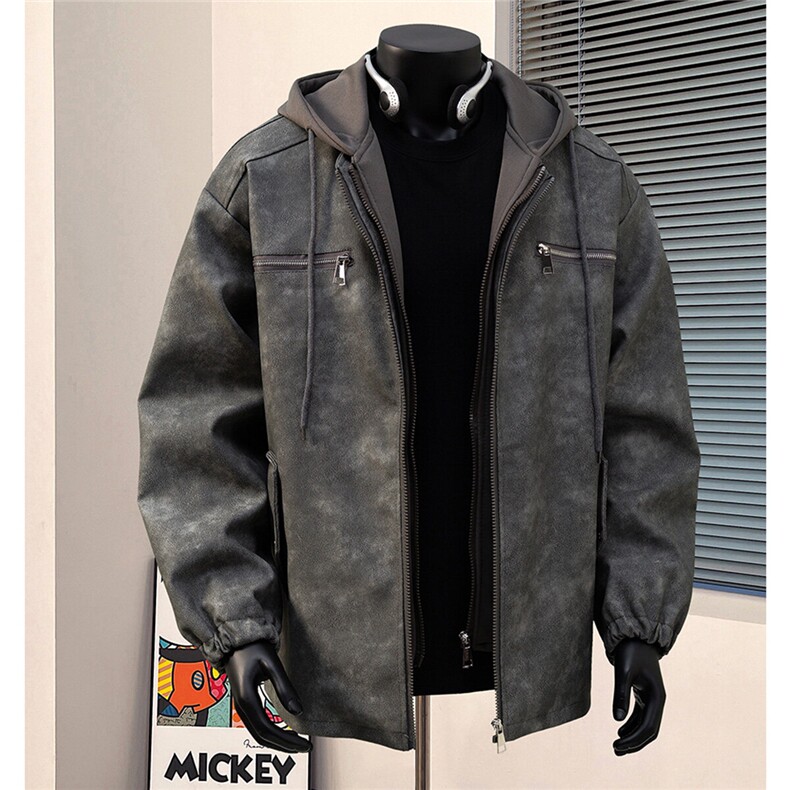 港风连帽PU皮假两件复古做旧面料金属装饰夹克男JK77767P108控148，男装夹克，星座226-1