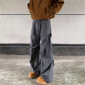 秋冬款男休闲裤褶皱拼接阔腿直筒纯棉长裤h0827 P66图片