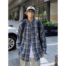 蓝色美式格纹衬衫男格子长袖衬衣高级感cleanfit外套C308-P40，男装衬衫，星座1001-1