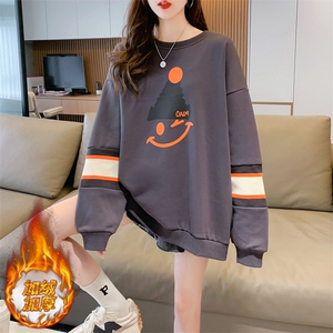 A8395牛奶丝复合100涤加绒加厚撞色拼接宽松圆领卫衣女P48图片