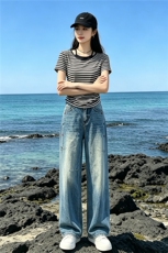 洋气时髦休闲时尚套装女夏新款圆领条纹短袖上衣直筒牛仔裤两件套，女装套装/套裙，江南