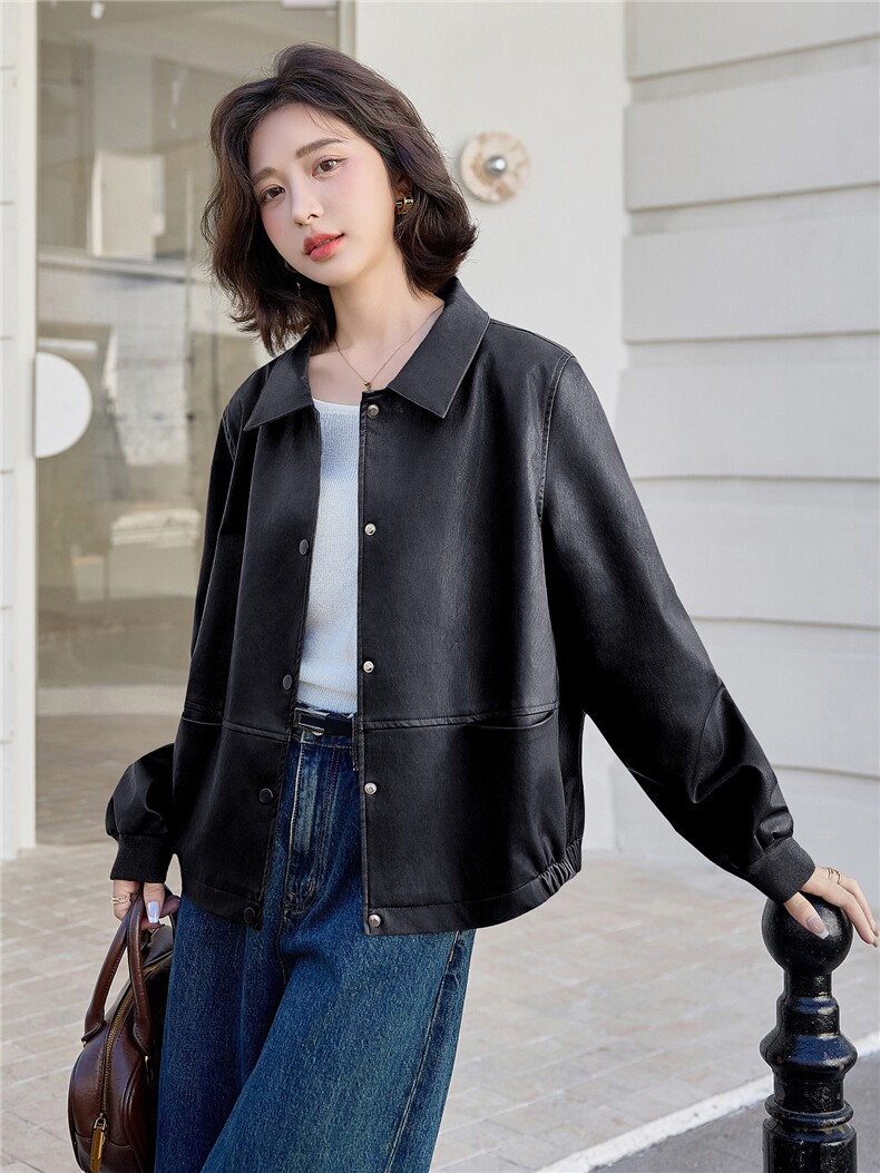 现货：复古皮外套女2025秋新款休闲pu皮夹克上衣高级感皮衣穿搭：,女装皮衣,依万里