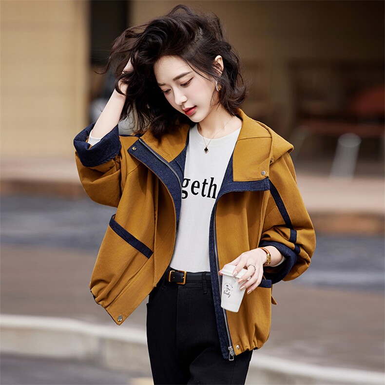自留款推荐~撞色连帽短外套女2025春秋拼接时尚潮流休闲气质上衣,女装短外套,靓衣阁