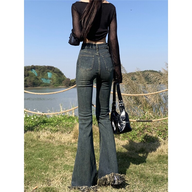 高腰微喇叭牛仔裤女2025年夏季新款美式复古设计感毛边弹力喇叭裤,男装牛仔裤,星座1210-1