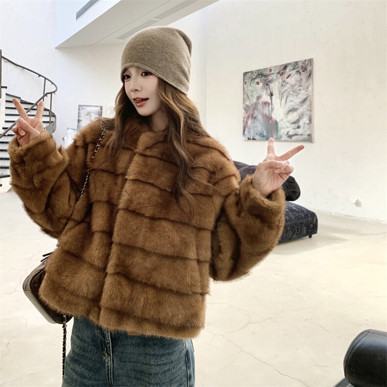现货210-7705-P185-K268高端仿水貂立领皮毛一体外套女士,女装羊羔毛/颗粒绒,韩蜜菓