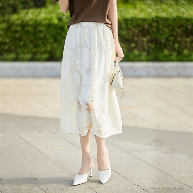 女士蕾丝烧花松紧腰半身裙，女装半身裙，臻维羊绒