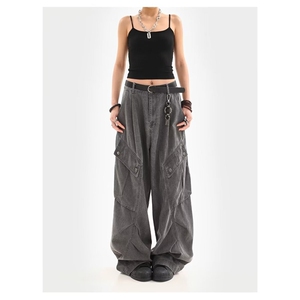 H227-P46 复古美拉德棕色褶皱大口袋工装牛仔裤图片