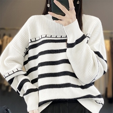女士秋冬季新款时尚撞色半高领羊毛衫长袖，女装羊毛衫，奢优羊绒