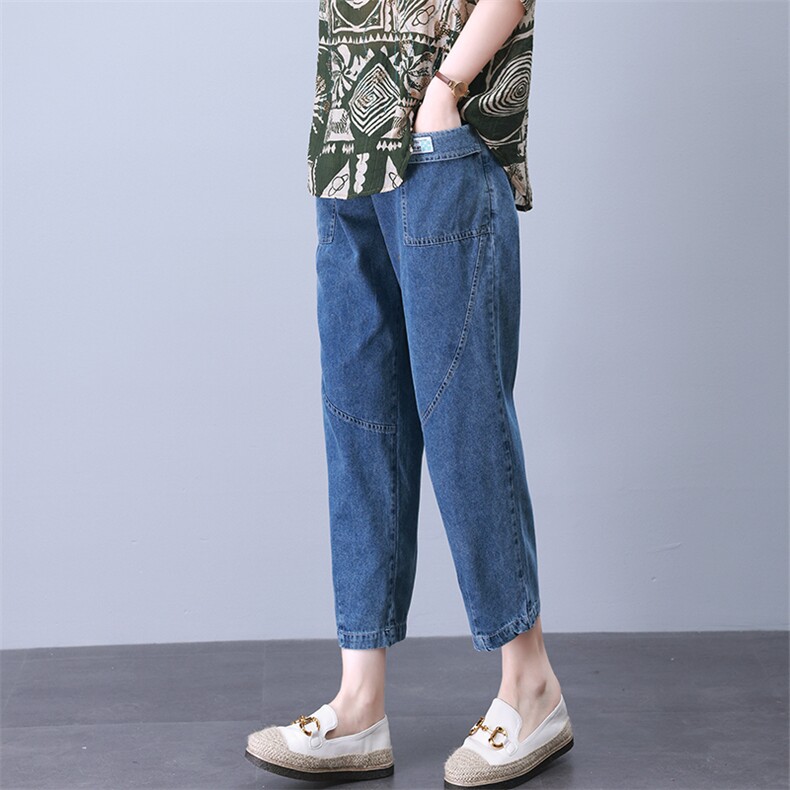 时尚宽松拼接水洗牛仔裤女高腰显瘦百搭休闲九分裤,女装牛仔裤,叶笙衣