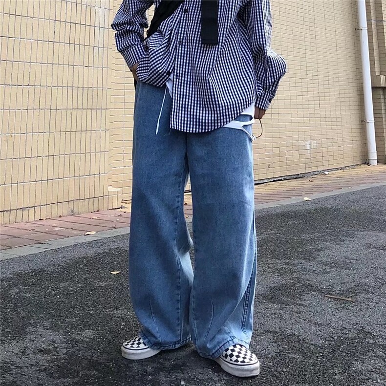 美式ins高街牛仔裤男春秋季直筒宽松潮牌嘻哈垂感拖地阔腿长裤子图片