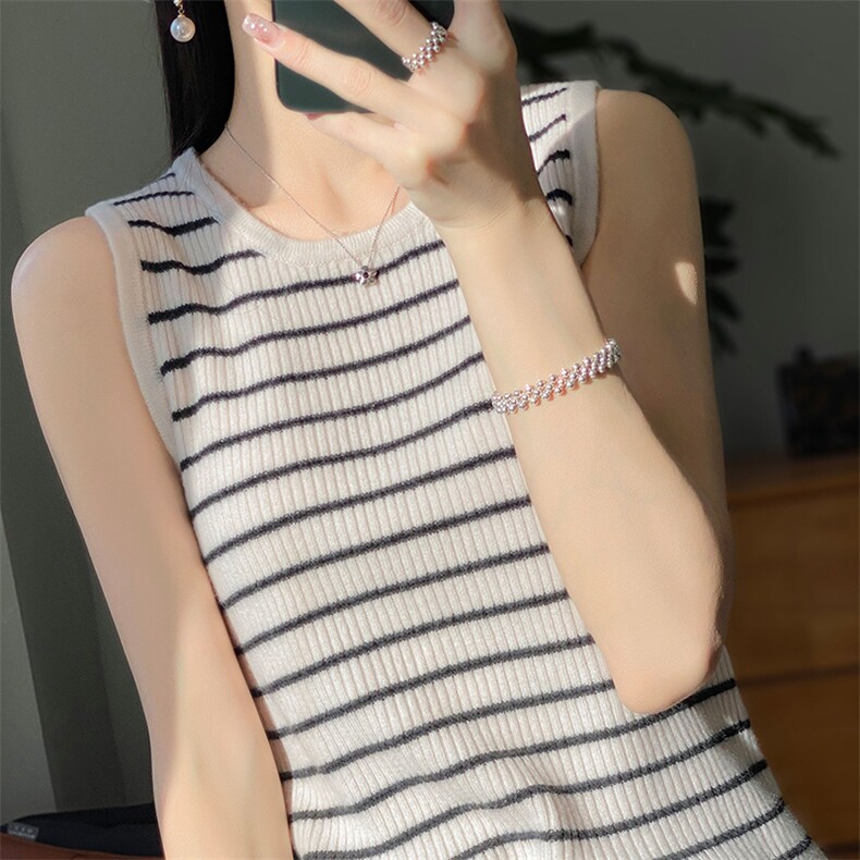 两件套100%纯羊毛开衫女圆领拼色条纹针织背心毛衣羊绒打底衫上衣,女装背心吊带,冀清阳荣