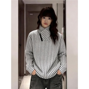 高品质春装新款老钱风美式高街鱼骨纹斜拉链解构高领卫衣长袖t恤图片