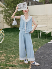 蕾丝拼接水洗轻薄牛仔阔腿裤两件套2025夏装新款套装女，女装套装/套裙，苗苗