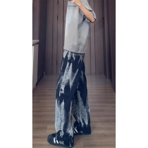 青年男女生美式高街风做旧复古潮扎染百搭阔腿宽松直筒牛仔裤网图图片