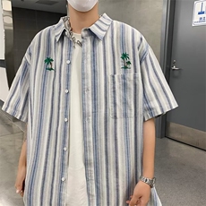 日系刺绣短袖衬衫夏季情侣款竖条纹宽松休闲衬衣男，男装衬衫，星座716-3