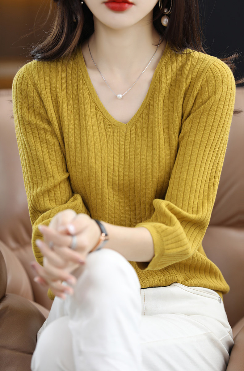 时尚百搭V领纯棉竖条纹长袖针织衫显瘦修身女士毛衣,针织衫/毛衣,桦兴羊绒