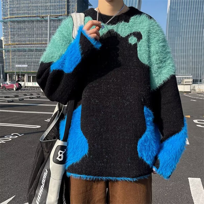 拼色时尚保暖毛衣男慵懒风休闲时髦毛绒软糯针织衫7167P50,男装针织衫/毛衣,星座410-2