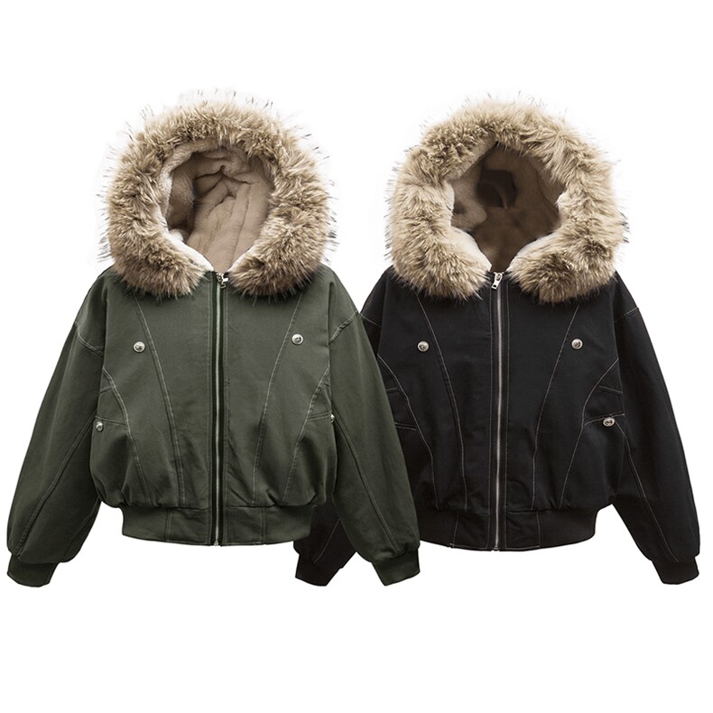 现货重磅boxy短款棉衣座山雕大毛毛领男女棉服水洗工装厚外套，男装棉衣，电商A486-1