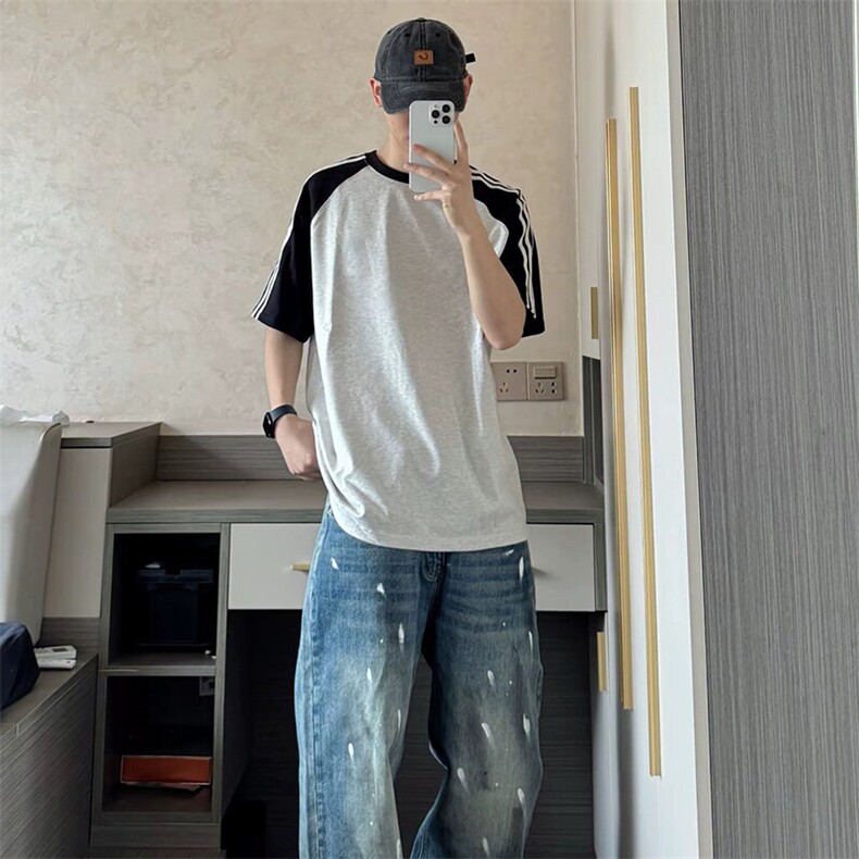 抖音得物品质二开240克宽松纯棉美式潮牌插肩三杠织带短袖T恤图片