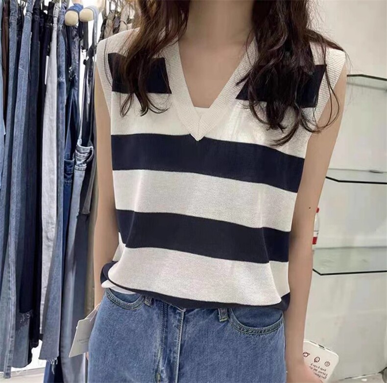 冰丝条纹背心女2025新款夏季宽松纯欲风V领百搭甜辣外穿无袖上衣,女装马甲,鑫之绒
