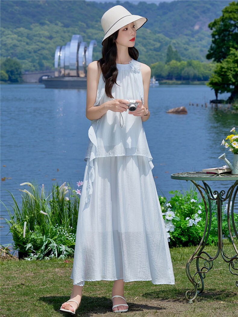 （新款现货）2026夏装时尚挂脖飘带领花上衣+半裙超仙套裙两件套,女装套装/套裙,印象茜