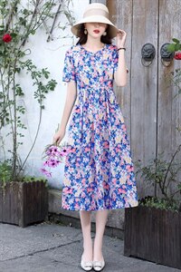 2021年夏季欣贝拉新款印花小碎花中长款棉麻连衣裙图片