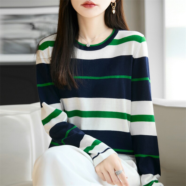 2025年秋季时尚百搭通勤简约休闲条纹圆领,女装羊毛衫,朝思羊绒