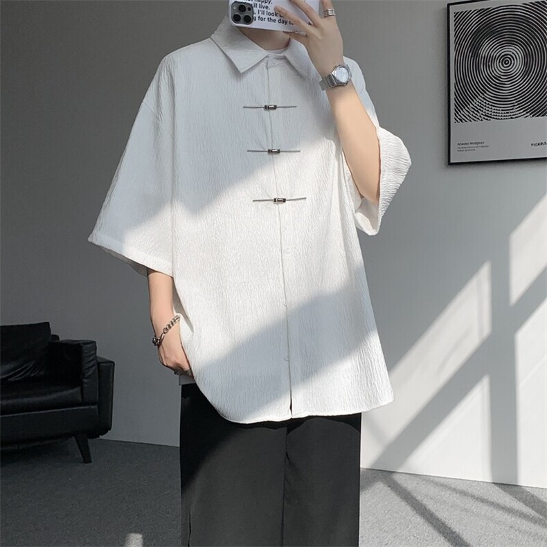 手缝飞机扣新中式冰丝短袖衬衫大码高级感唐装衬衣外套DC5009/P50,男装衬衫,电商B238