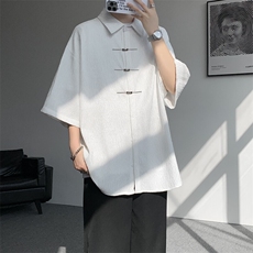 手缝飞机扣新中式冰丝短袖衬衫大码高级感唐装衬衣外套DC5009/P50，男装衬衫，电商B238