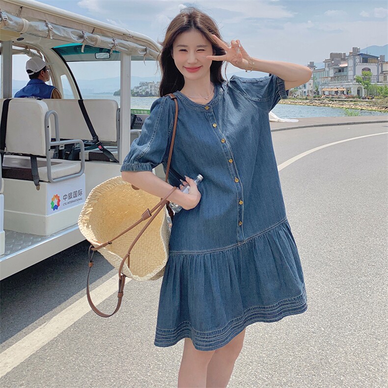 复古宽松薄款夏天牛仔裙连衣裙2025新款女减龄休闲大码中长裙子潮,女装连衣裙,钱塘布衣