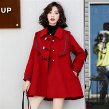 现货2021年冬季简约时尚大气A字摆海军领手工缝制双面呢大衣，女装毛呢外套，菡迪欧娜