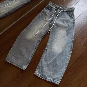 美式复古蓝色水洗弯刀牛仔裤男女宽松情侣抽绳裤子K7096-P48网图,蓝色衣服里面搭配什么颜色裤子图片