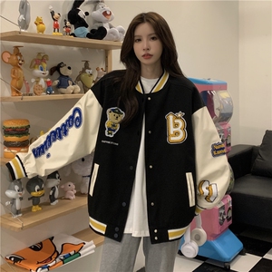 棒球服重工刺绣外套上衣女毛巾绣花真皮袖夹克C362-95图片