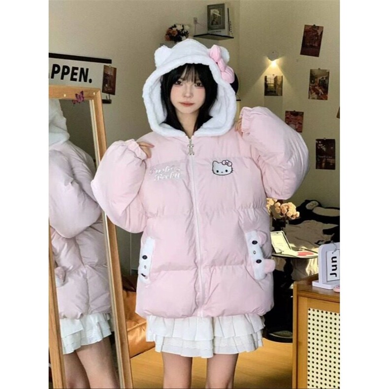 甜美风凯蒂猫刺绣毛绒连帽棉服女冬季新款保暖学生外套面包服,男装夹克,星座506A