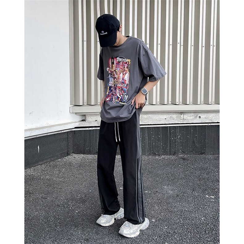 夏季薄款户外速干条纹休闲裤男士宽松直筒百搭运动裤图片