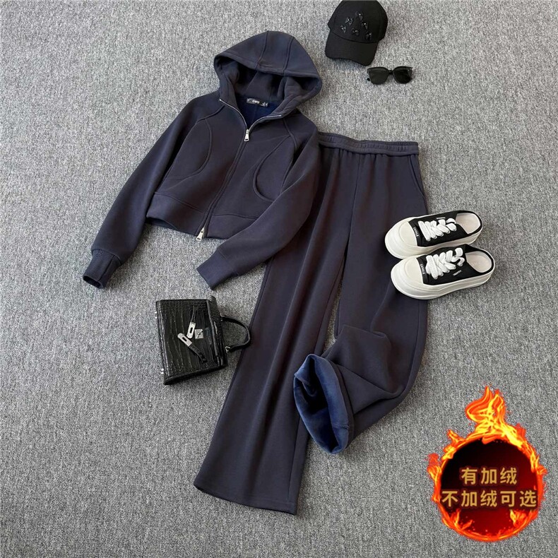 简约时尚休闲运动套装女秋冬款气质减龄拉链连帽卫衣直筒裤两件套,女装套装/套裙,江南
