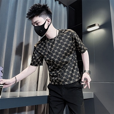 网红短袖T恤男ins轻奢提花圆领社会小伙店主风301C-DT105-P48控68，男装T恤，星座301C（原B323）