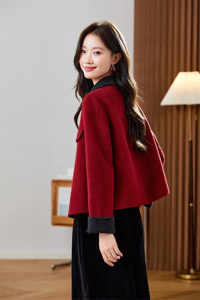 2025冬季撞色韩版双面羊毛外套女短款翻领秋冬,女装毛呢外套,丽莎妳雅