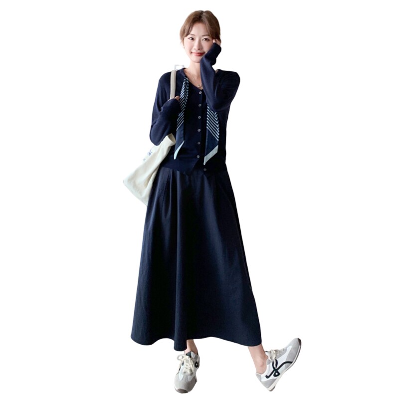 洋气长袖条纹针织衫上衣高腰A字半身裙2026秋季时尚两件套装裙女，女装套装/套裙，2C159