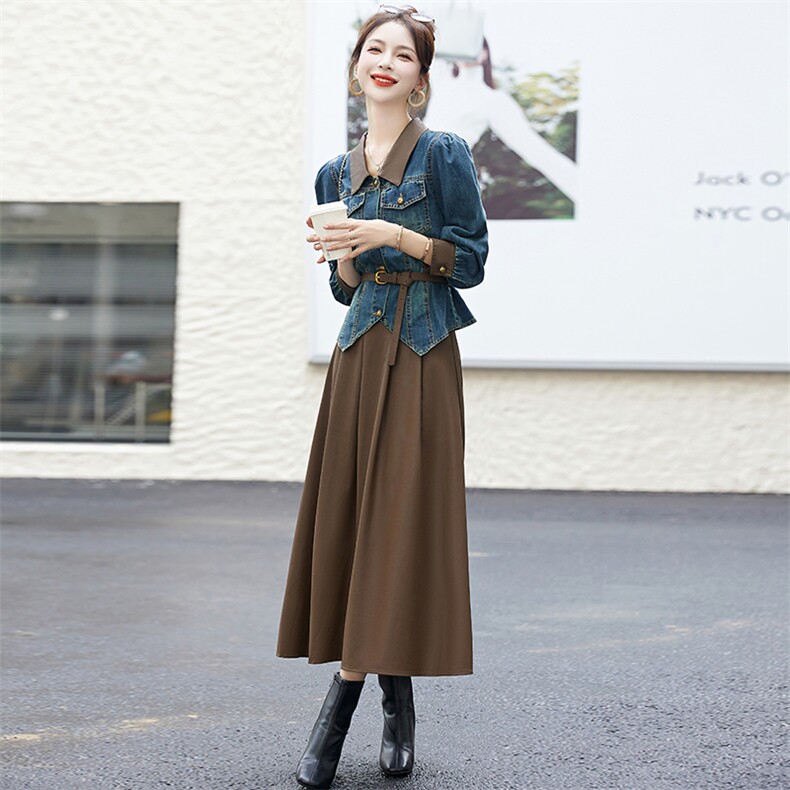 复古牛仔半身裙套装女2023秋季新款高级感搭配一整套连衣裙两件套,女装套装/套裙,涵墨