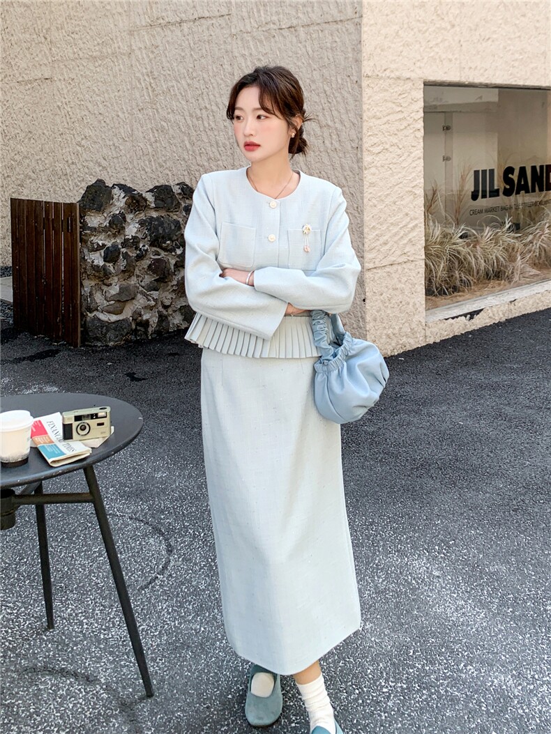 现货-2026年春季法式优雅压褶拼接两件套套裙女温柔风气质穿搭,女装套装/套裙,霓裳依族