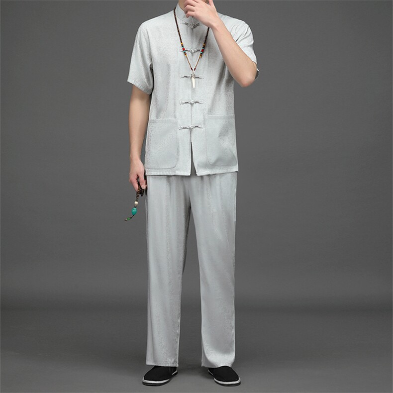 CS2024夏季男士复古薄款短袖唐装休闲套装免烫中老年爸爸装P90，男装中老年男装，电商B360