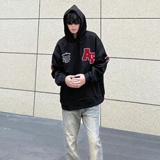 美式高街毛巾绣字母连帽卫衣男2025新款宽松设计感小众学院风上衣，男装卫衣，星座506A