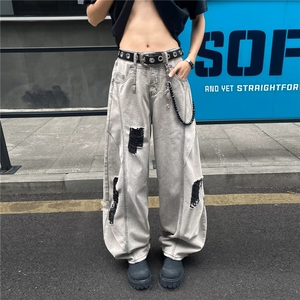 KD0552-P55 水洗破洞弯刀牛仔裤男2025新款夏季薄款阔腿直筒长裤图片