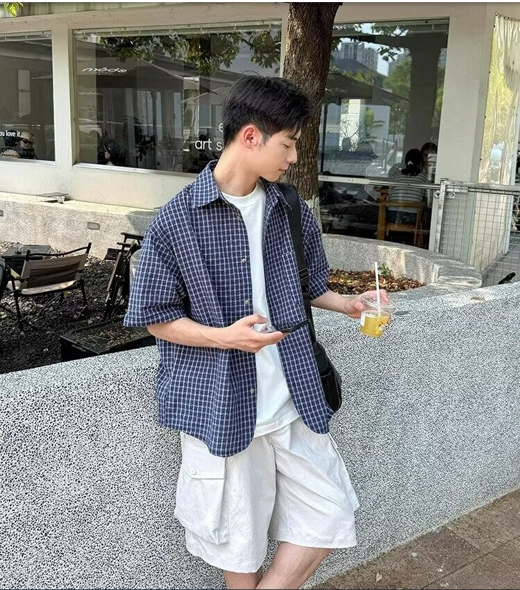 泡泡棉格子短袖衬衫男新款夏季百搭宽松休闲衬衣513ADC1960P38,男装T恤,星座513A