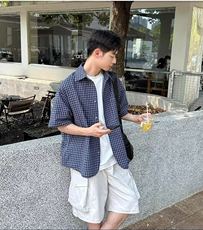 泡泡棉格子短袖衬衫男新款夏季百搭宽松休闲衬衣513ADC1960P38，男装T恤，星座513A